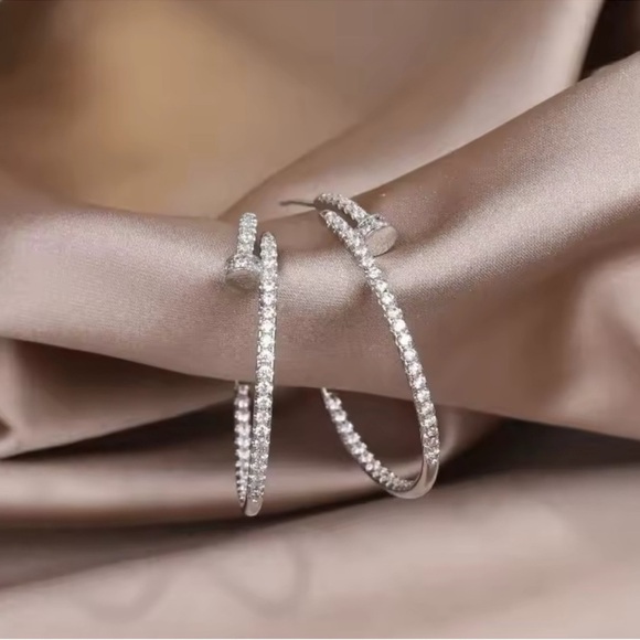 18K White Gold Nail Theme C Hoop Stud Earrings Diamond Accents Designer Inspired - Picture 1 of 6